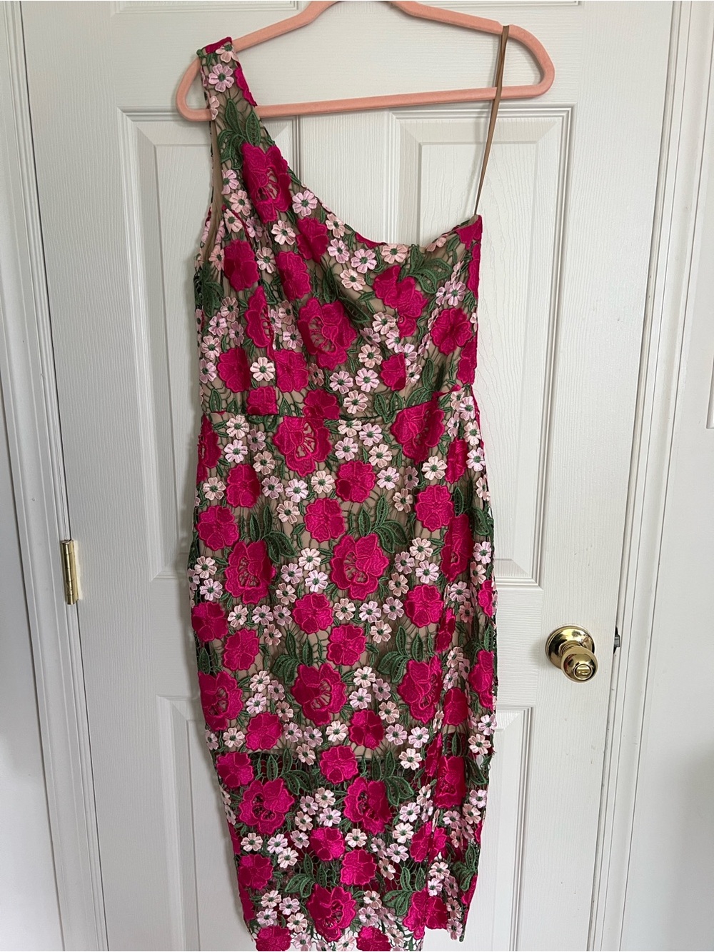 Xscape One-Shoulder Floral Lace Dress in Fuchsia and Green